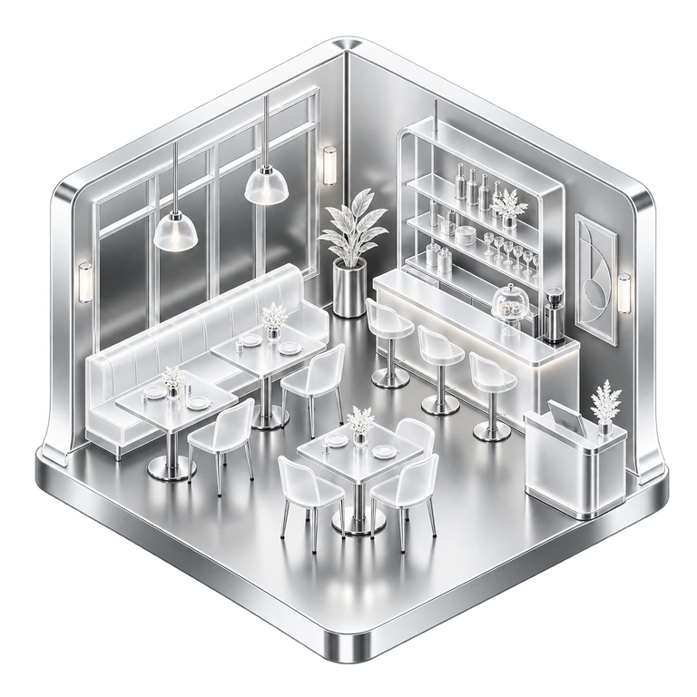 A restaurant scene with food preparation and table service