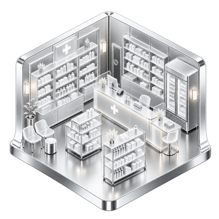A pharmacy scene with medicine shelves and a dispensing counter