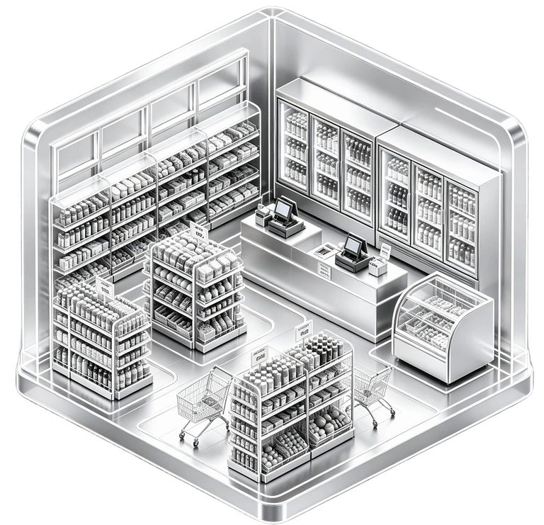 A supermarket scene with retail shelves and checkout workflows